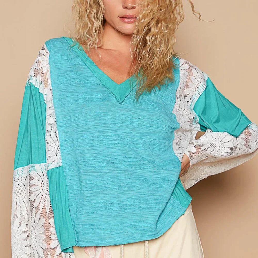 #103 POL V-Neck Flare Sleeve Lace Top
